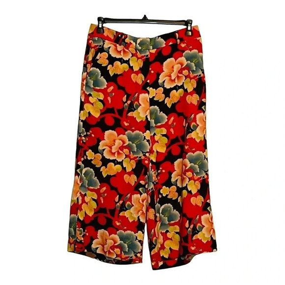 LOFT FLORAL WIDE LEG CROPPED PANTS BRIGHT RED YELLOW BLACK POCKETS SIZE 8‎ - Picture 1 of 9